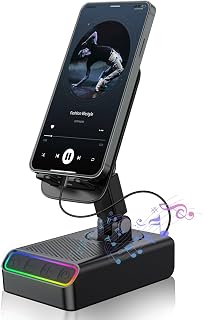 Wireless Induction Speaker, 5-in-1 Cell Phone Stand with Wireless Bluetooth Speaker for iPhone Android Phone Speakers Amplifier with Colorful Ambient Light, Gift for Men Women(Black)