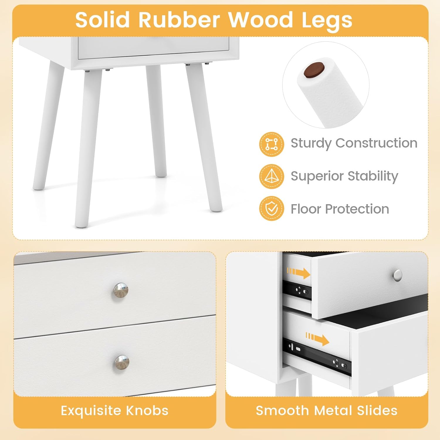 Giantex White Nightstand Set of 2, Wooden Bedside Tables w/ 2 Storage Drawers & Solid Wood Legs, Practical End Side Table, Mid Century Modern Night Stand for Living Room Bedroom