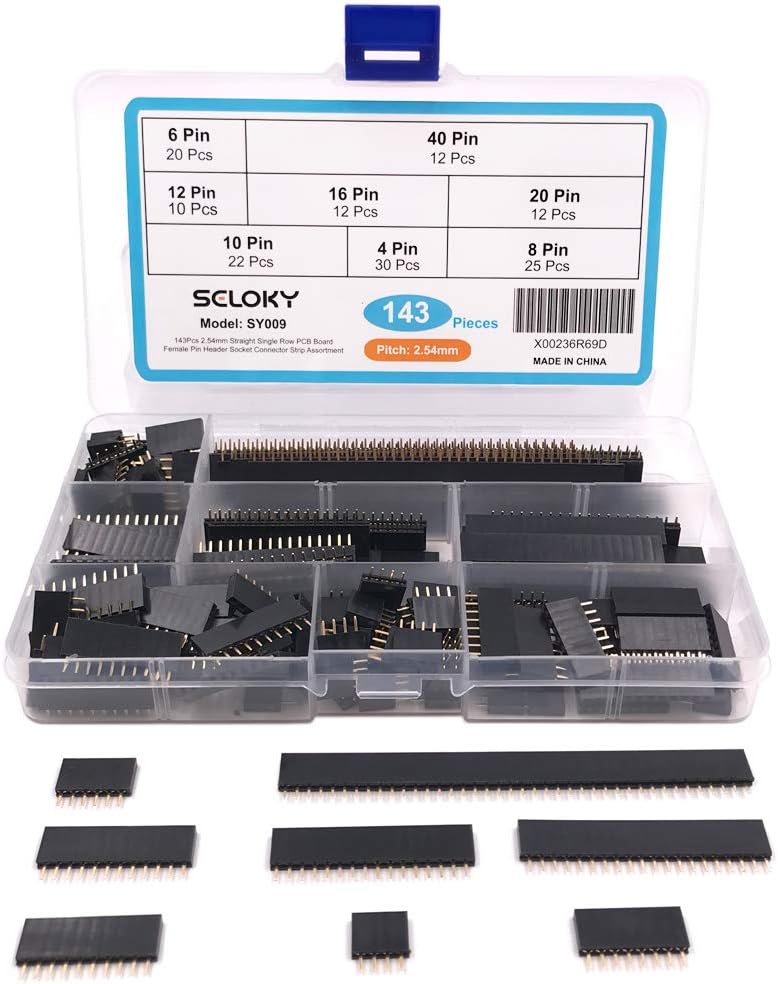 Seloky 143Pcs 2.54mm Straight Single Row PCB Board Female Pin Header Socket Connector Strip Assortment Kit for Arduino Prototype Shield(4Pin 6Pin 8Pin 10Pin 12Pin 16Pin 20Pin 40Pin