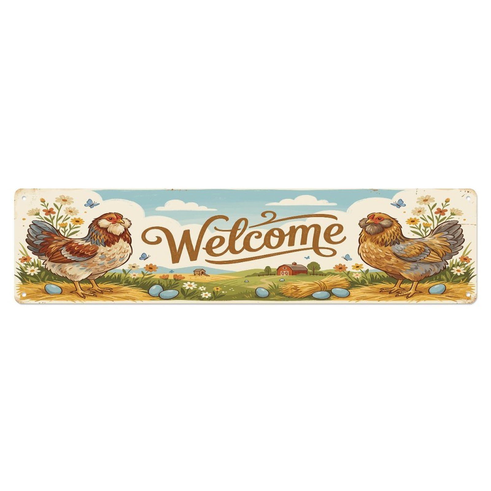 Olhnbad 4X16inch(10X40cm) Vintage Welcome Ameraucana Chicken Metal Tin Sign