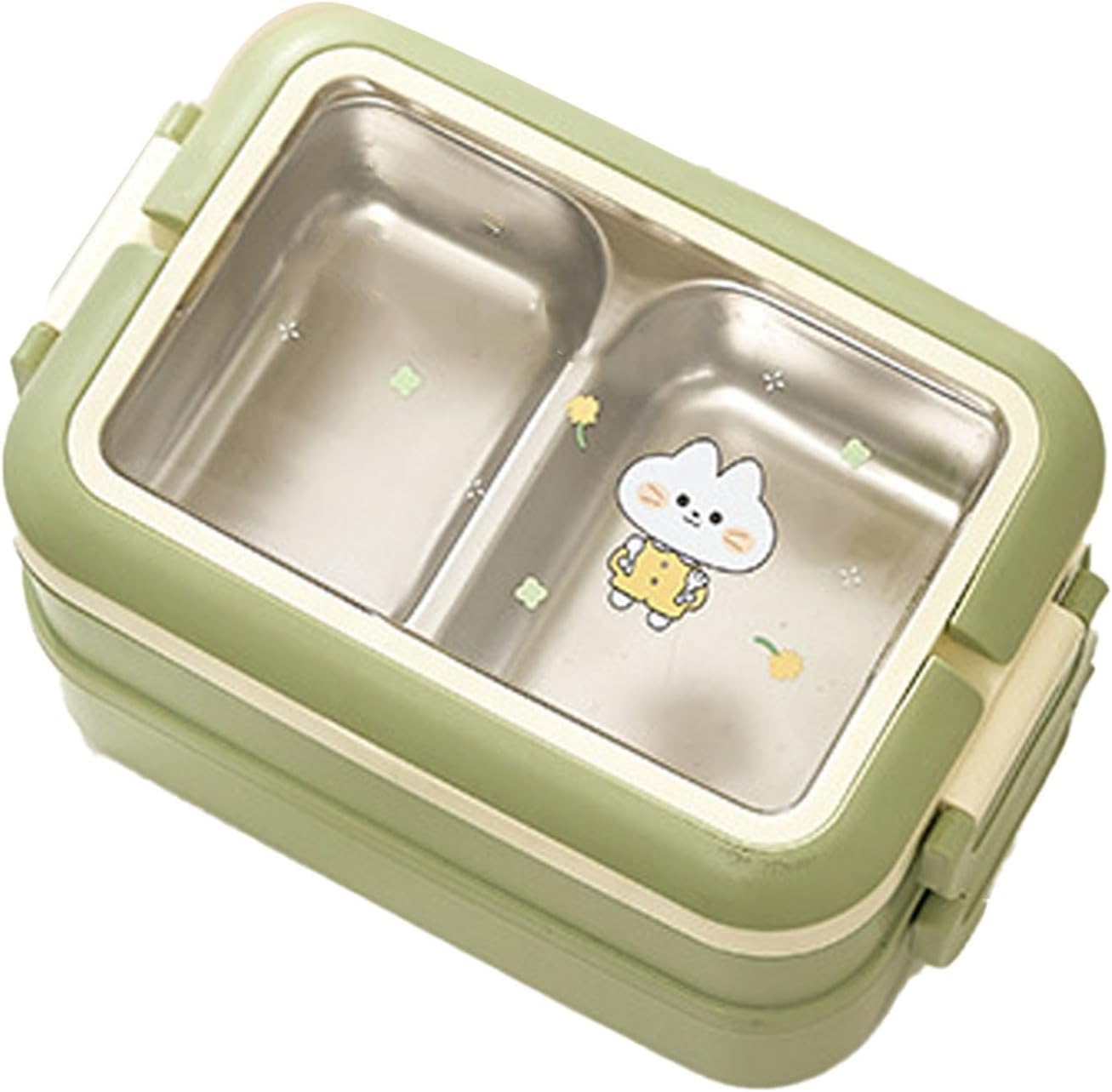 Fockety Insulated Box, Multiple Compartments Stainless Steel Portable Insulated Lunch Box Cute Prints Fashionable For Students On Campus (Green), Focketypxkth7gufn-12