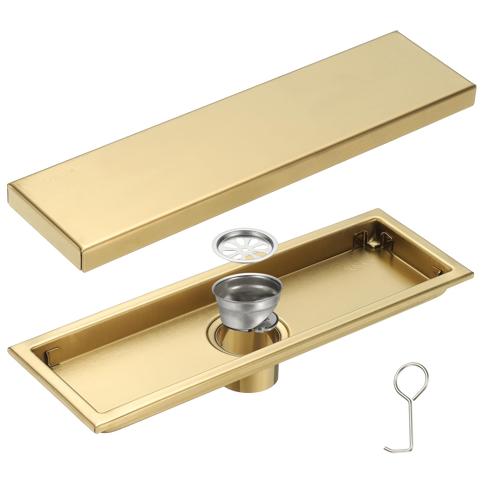 sourcing map Rectangular Shower Drain, Brushed 304 Stainless Steel Odor-proof Floor Drain Linear Shower Drain Hair Catcher for Bathroom Kitchen and Laundry Room(12 Inch, Gold)