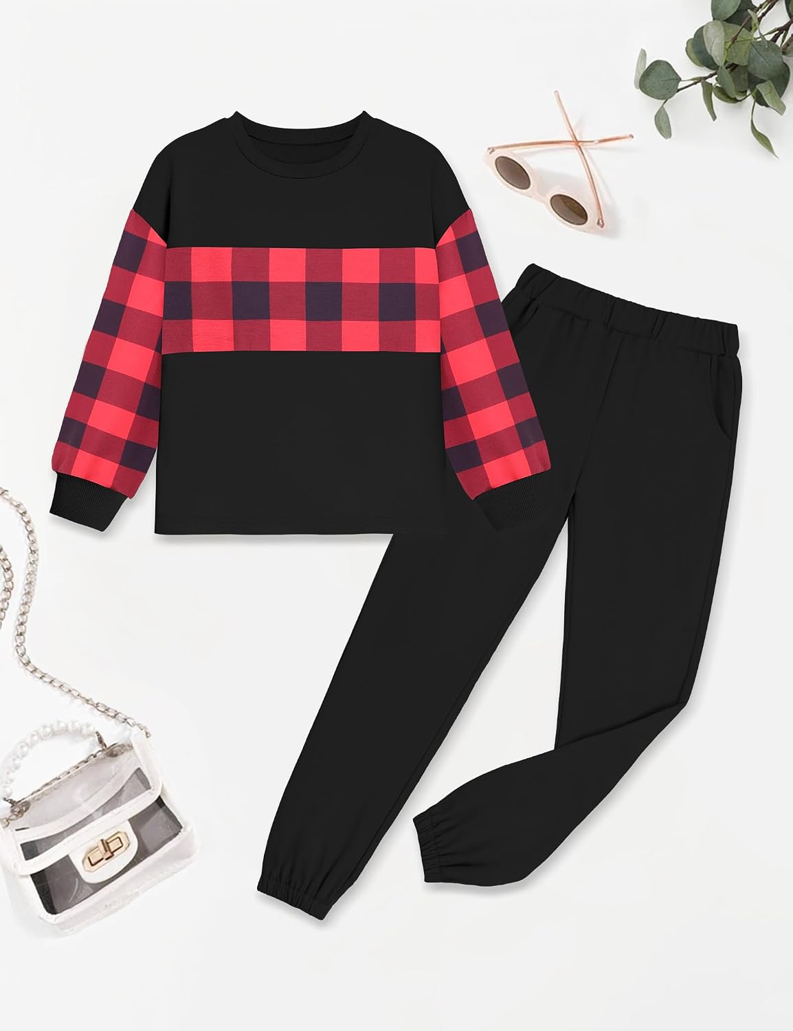 Girls Clothes Leopard Patchwork Sweatshirt Elastic Waist Sweatpants with Pockets 2PCs Girls' Clothing Sets