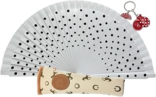 Abanico Plegable con Funda para Abanico. Tela Estampada de Algodón sobre Madera. Lunares Pintados. con Llavero de Costumbres Españolas (Blanco Lunares Negros)