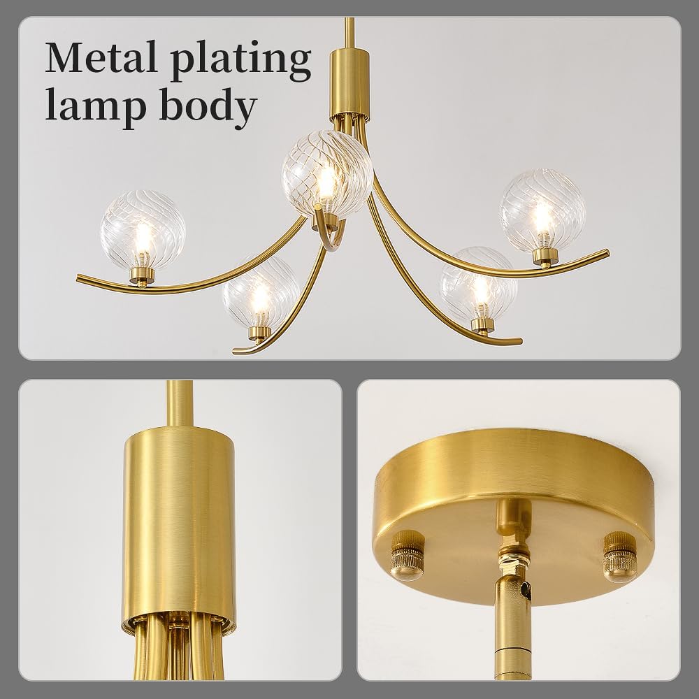 5-Head Gold Modern Chandelier with 5 Clear Glass Globe Bulbs, Globe Chandelier, Elegant Lamps with Gold Accents, Ceiling Light for Living Room Kitchen Island Bedroom Entryway
