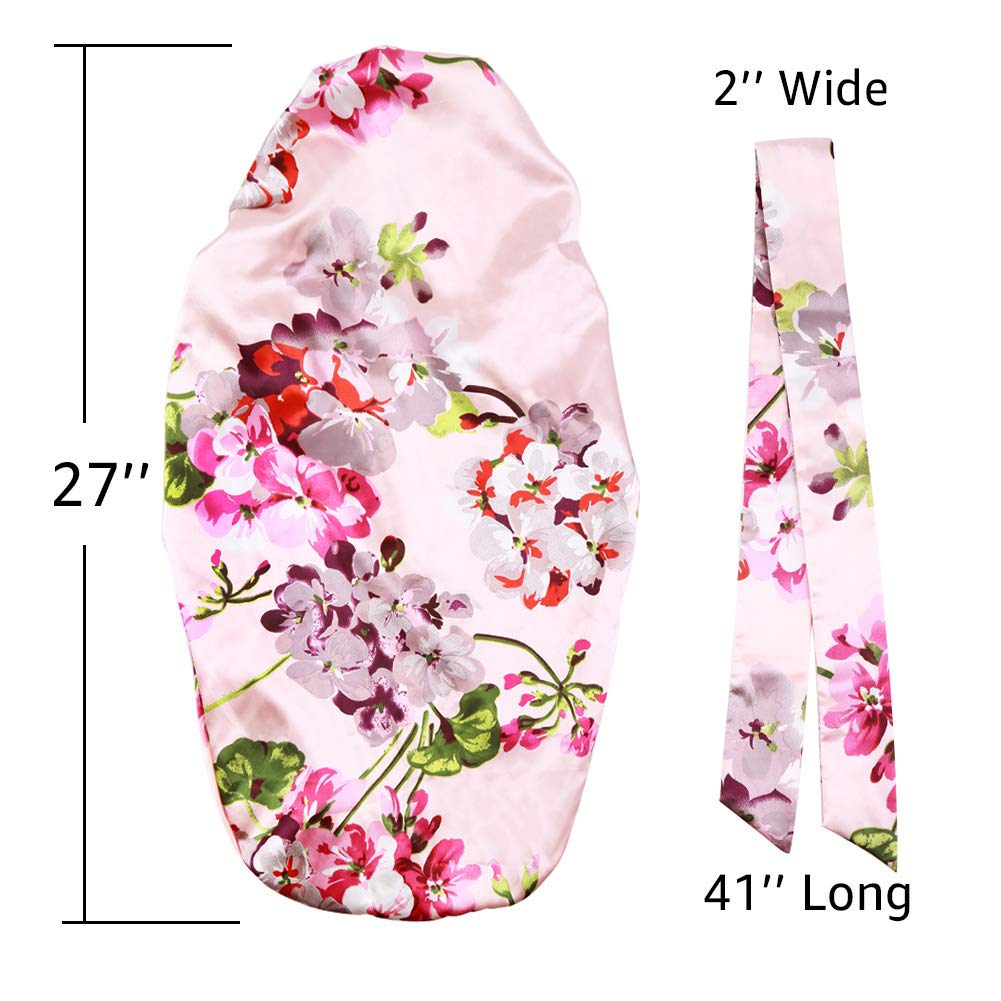 Extra Large Satin Bonnet for Women Sleeping, Silky Elastic Sleep Cap with Tie Band, Double-Layer Long Hair Bonnet for Braids/Curly/Long Hair (Pink Floral)
