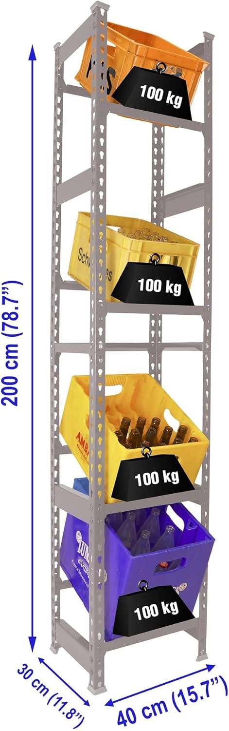 Simon Rack Drinks Crate Rack for 4 Crates, 2000 x 400 x 300 mm, Grey, Freestanding Metal Shelf for Water Crates, Beer Crates or Drinks Crates, for Kitchen, Garage or Cellar