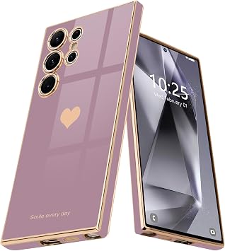 Teageo for Samsung S24 Ultra Case Cute Heart Pattern for Women Girls Slim Luxury Bling Plating Soft TPU Anti-Scratch Shockproof Bumper Phone Case for Samsung Galaxy S24 Ultra 5G, Lavender