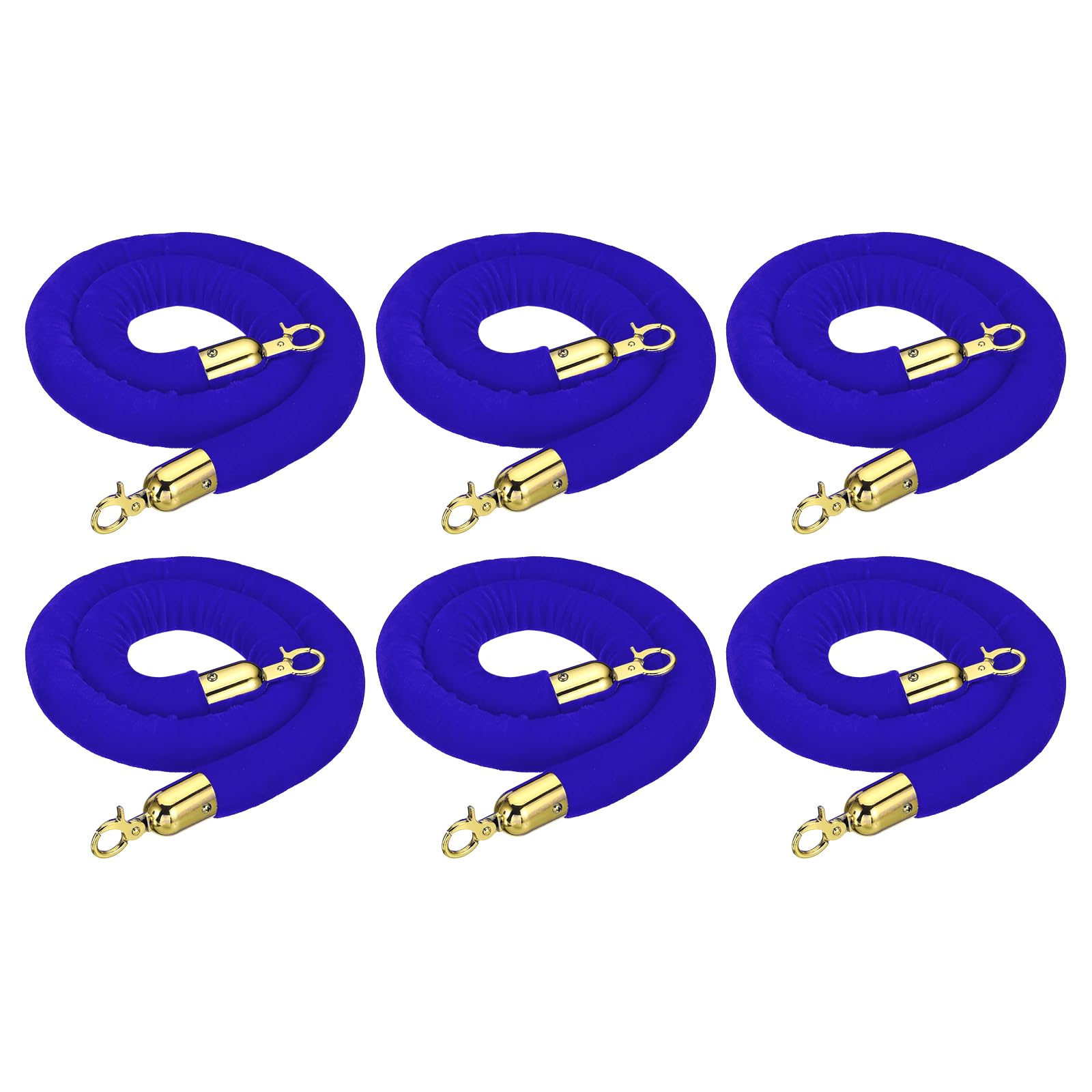 PATIKIL 4 Pies Azul Terciopelo Montante Cuerda, 6 Paquete Multitud Control Barrera Cuerda con Enganche Ganchos para Postes Soportes Cola Divisor de Hotel Teatro, Dorado