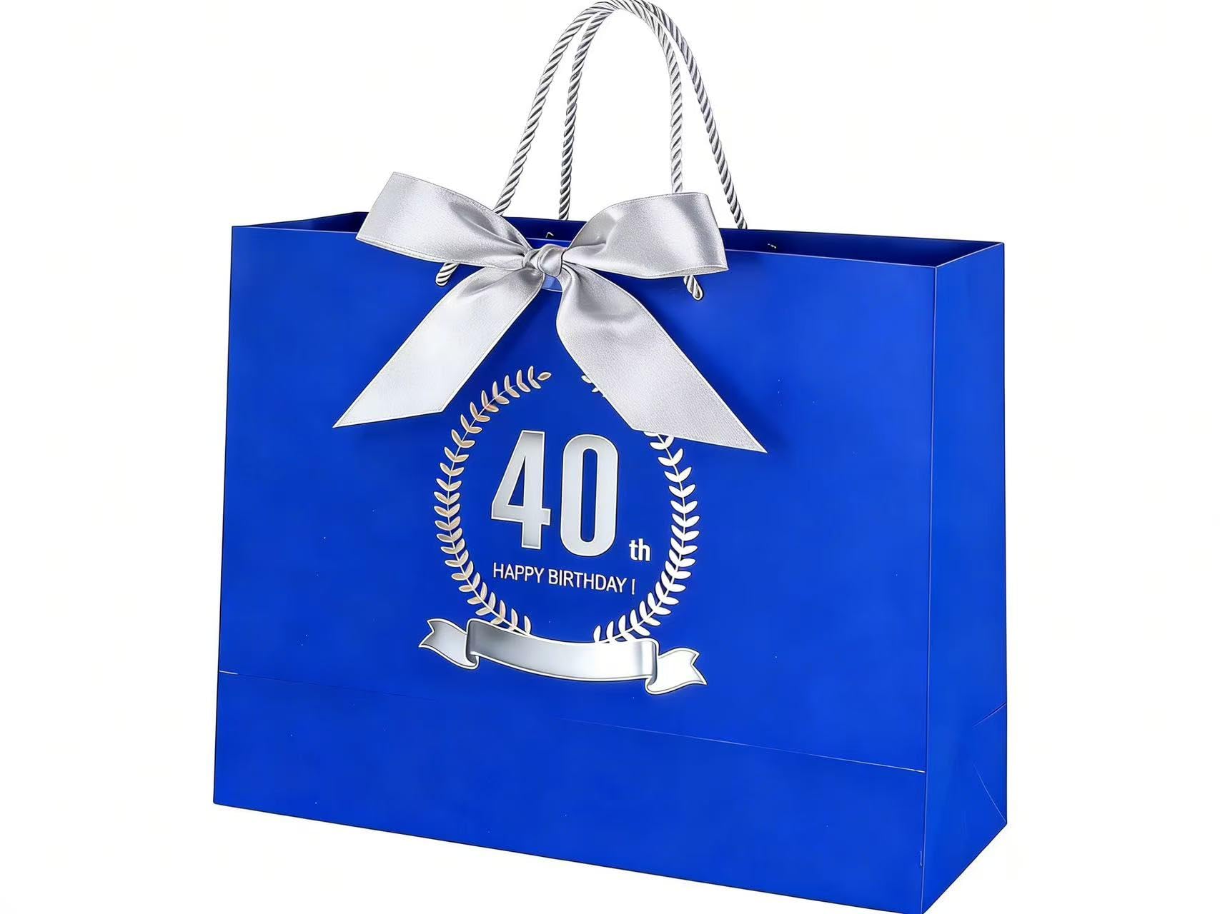 Yiran Blue Silvery 40th Birthday Gift Bag with Greeting Handles and Satin Bow for Men Women 40 Year Old Birthday Gift Wrapping Bag for Party Anniversary Celebrations Decorations Supplies โ image 1