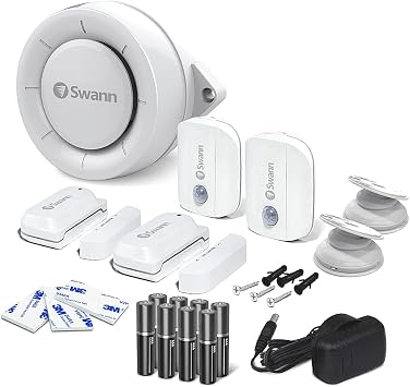 Swann Home Security Alert Kit. Includes 2 Wi-Fi Motion Sensors, 2 Window/Door Sensors & Indoor Siren