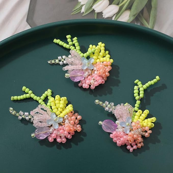 3 Pcs Colorful Beads Woven Artificial Flower, Aesthetic Faux Flowers Decor Crafts, Home Decoration Accessories for Hair Clip Making, Earrings Making
