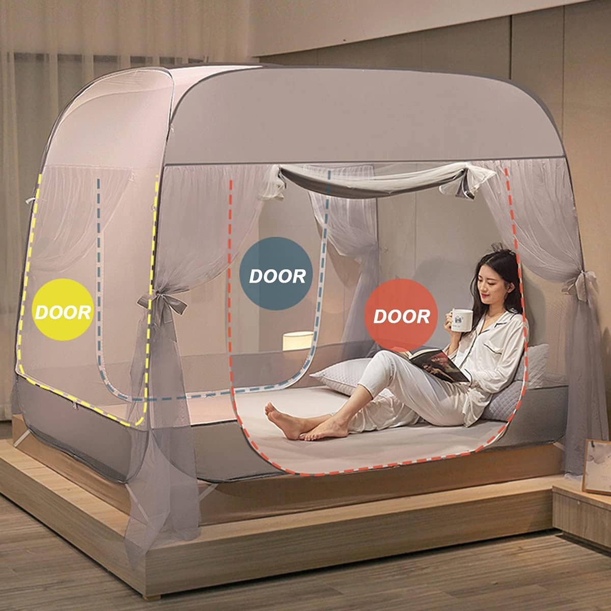 Mosquito Net for Bed, Folding Portable Spacious Pop Up Mosquito Net Self Standing with Net Bottom for Adult Camping Trip Easy to Setup,Gray,1.5x1.95x1.50m