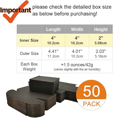 Miniatura 2 de Paquete de 50 cajas de envío pequeñas de 4 x 4 x 2 pulgadas, sobres de cartón corrugado para negocios, color negro (CM442B)