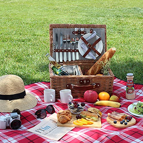 2 Personen Wicker Picknickkorb Set mit isoliertem Kühler, Picknickkorb mit Bechern, Besteck, Weingläsern, Tellern und Servietten
