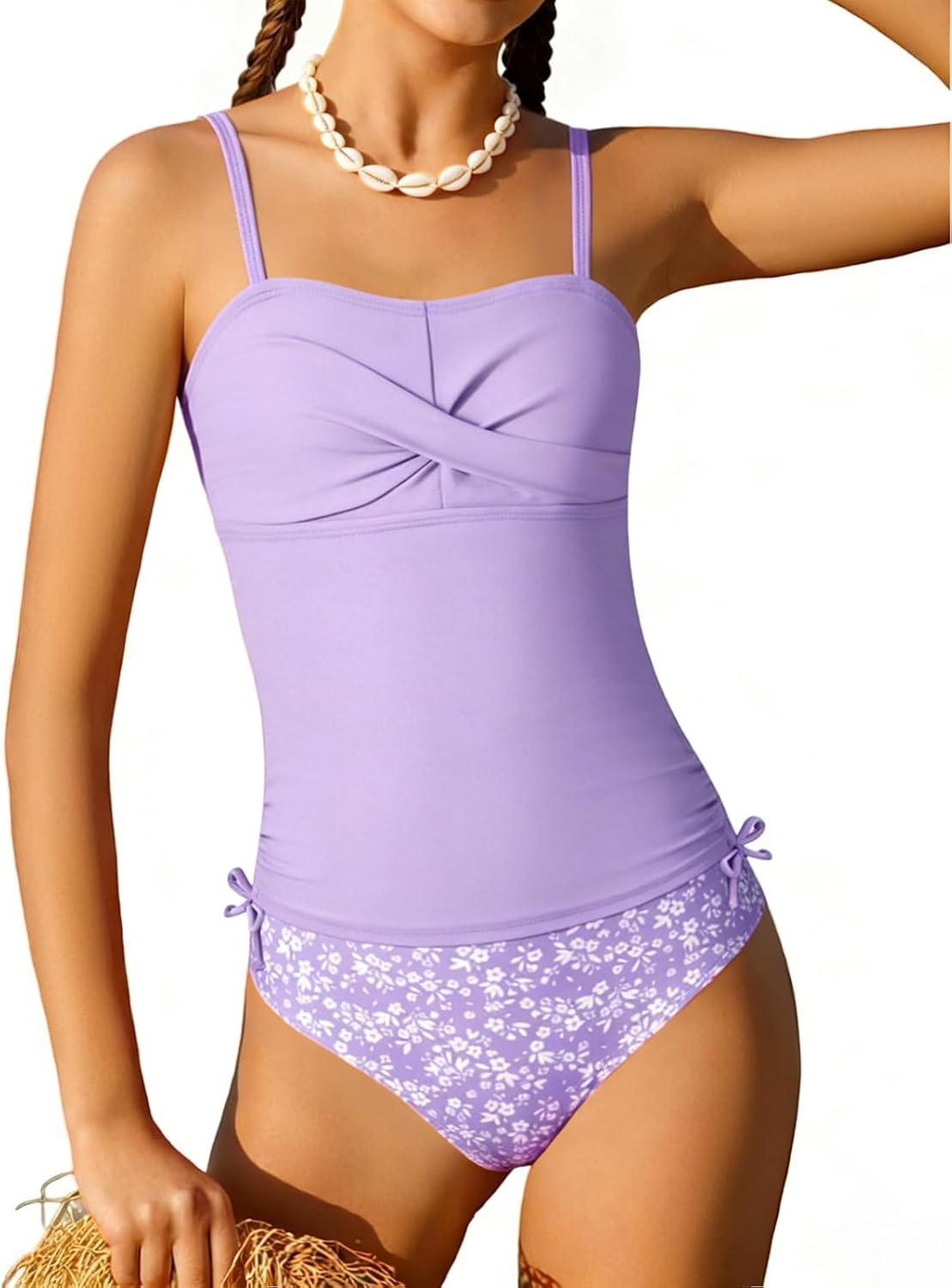 Teen Girl Tankini Swimsuit Criss Cross 2 Piece Bathing Suit Ruched Drawstring Tropical Printed Modest Tween Swimwear 9-16Y