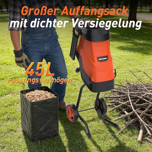 MAXLANDER 2600W Gartenhäcksler elektrisch,häcksler garten mit 45L Auffangbehälter, max. 45 mm Aststärke messerhäcksler, Kompostieren und Aufräumen des Gartens,15:1 Zerkleinerungsverhältnis