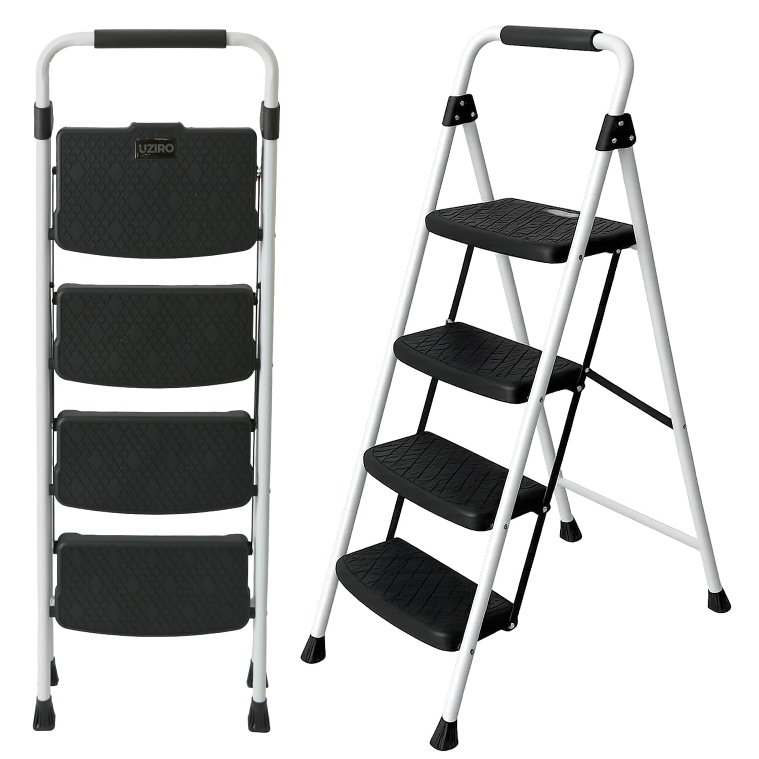 UZIRO Folding Ladder 4 Steps, Light White Ladder with Steel and Aluminium Frame, 4 Non-Slip Steps, Rubber Handle, Home, Kitchen, Office and DIY Use