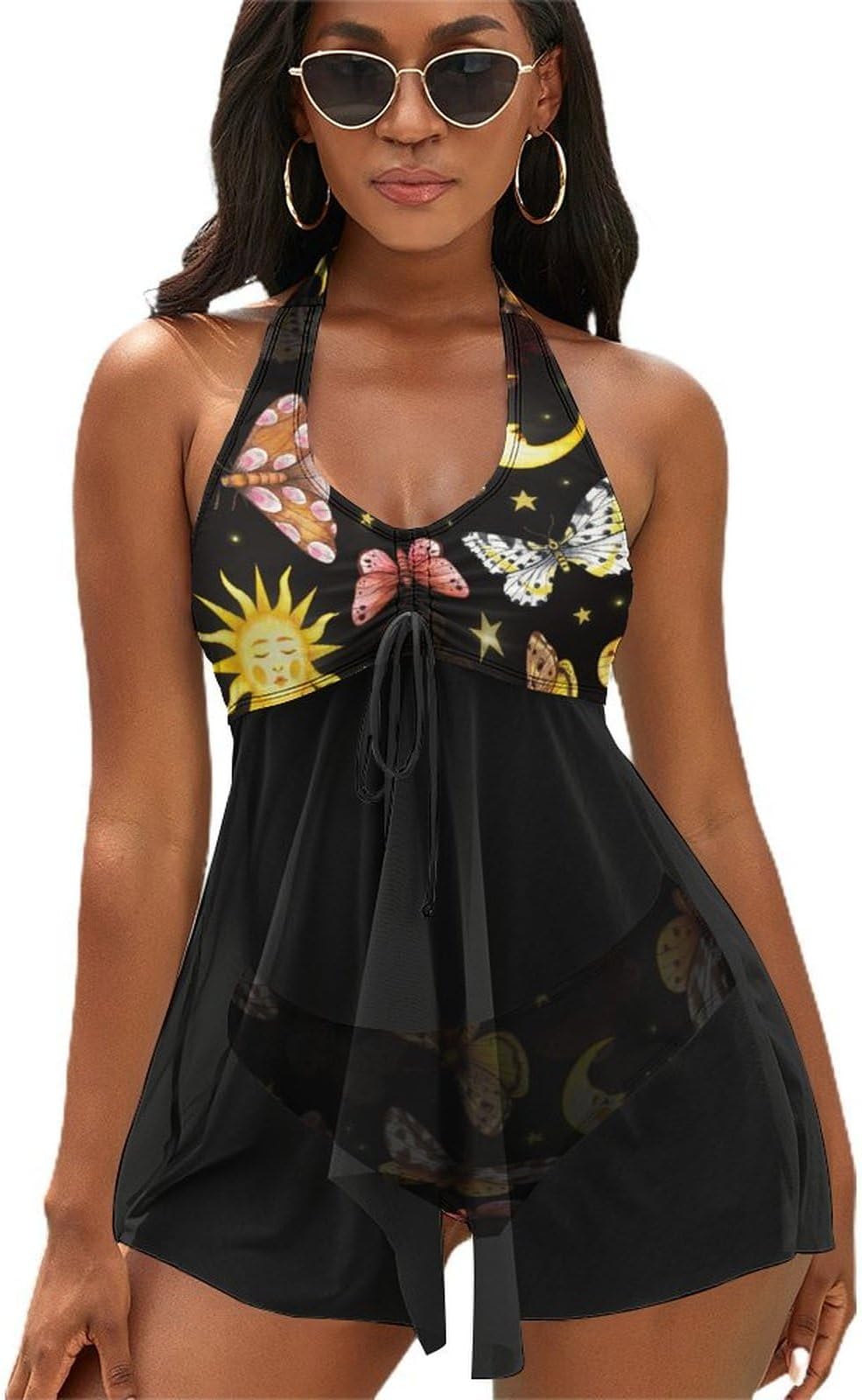 PUYWTIYWomen's Tummy Control Swimdress Swimwear, Two Piece Tankini Bathing Suits with Brief High Waisted Backless Swimsuit