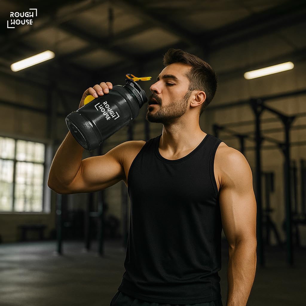 Roughhouse Plastic 2.5L Gallon Water Bottle Leak-Proof, BPA-Free Gym Jug with Carry Handle & Flip-Top | Stay Hydrated During Workouts, Sports & Travel | Built for Hard-Hitting Athletes, Black 2