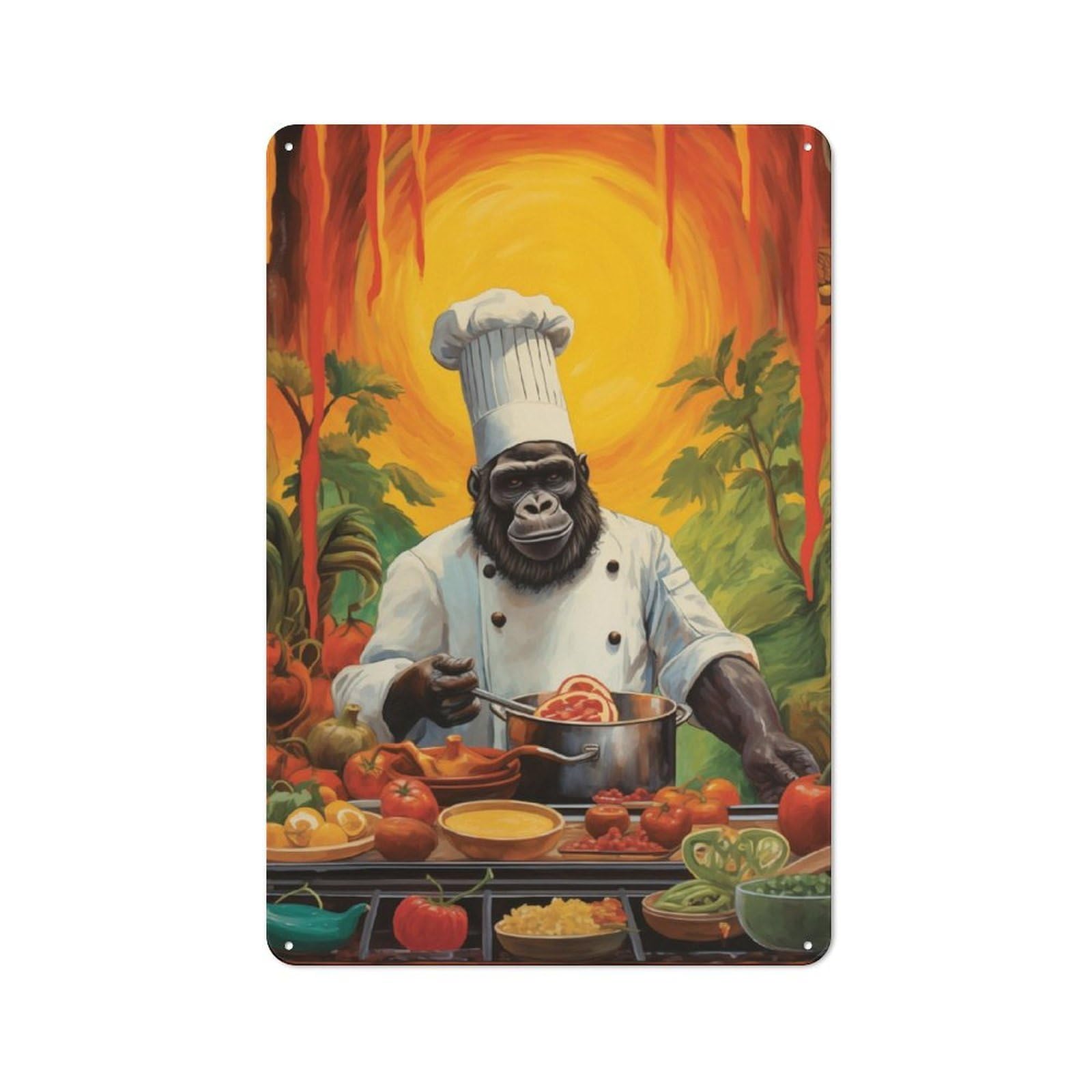 Vintage Metal Sign 30x20cm Featuring Gorilla Cooking Kitchen, Home Bar Decor for Cafe, Pub, Workshop Or Home Bar