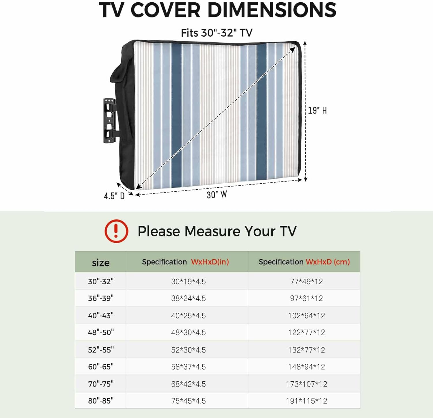 Outdoor TV Cover 50 Inch Blue Grey Vertical Stripes TV Enclosure Ombre Striped TV Covers for Outside TV Display Screen Protector with Remote Control Pocket Home Decor