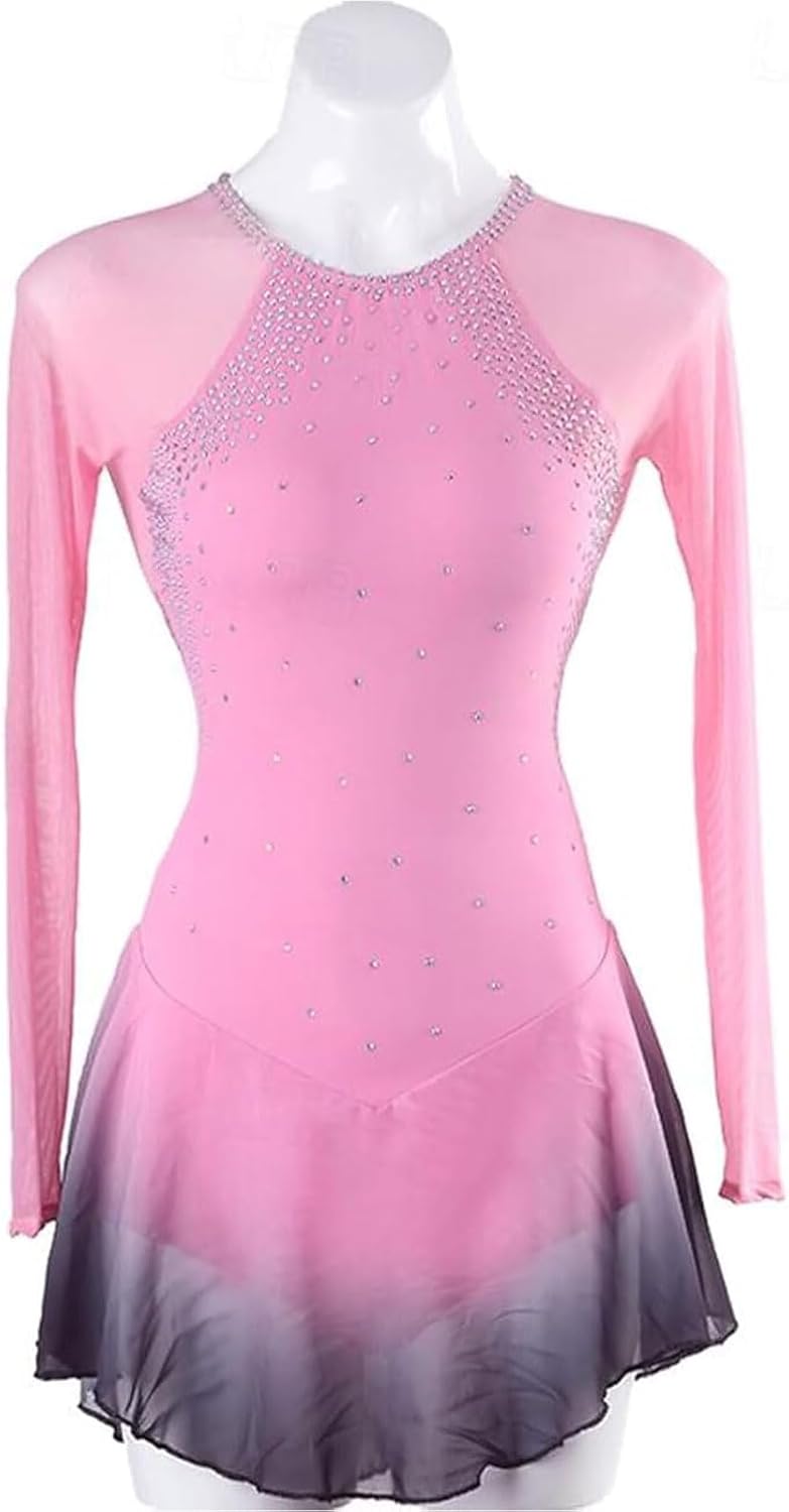 Figure Skating Dress Girls' Long Sleeve Ice Skating Performance Costume Rhinestones Skating Clothing Sets