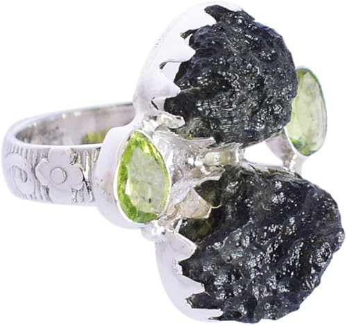 Anillo de plata de ley 925 con piedras preciosas de moldavita y peridoto