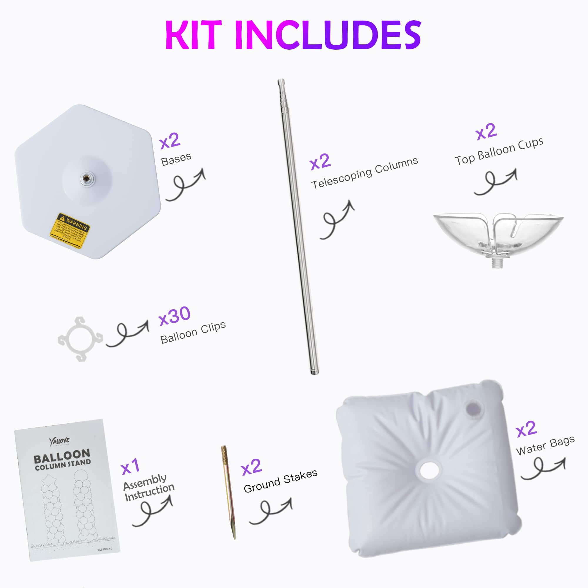 YALLOVE Kit Supporto Colonna Palloncino, Set di 2, Supporto Palloncini Altezza Regolabile 2m, Struttura Metallica Telescopica Riutilizzabile per Feste, Matrimoni, Compleanni (Palloncini Non Inclusi)