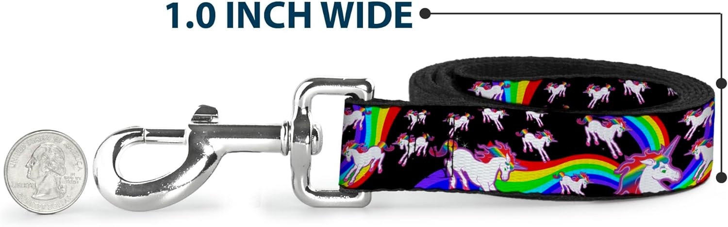 Dog Leash Unicorns Rainbow Swirl Black 6 Feet Long 1.0 Inch Wide