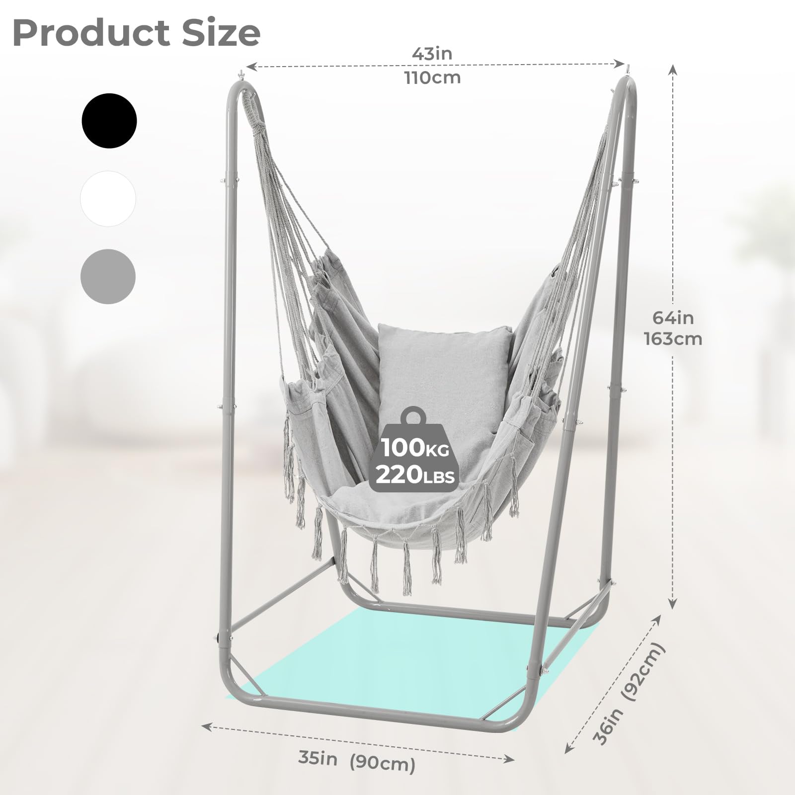 Silla Colgante en U con Soporte, Silla Colgante de Acero Resistente con Soporte para Interior y Exterior, Base Estable, Capacidad 100 kg, Montaje fácil - Gris