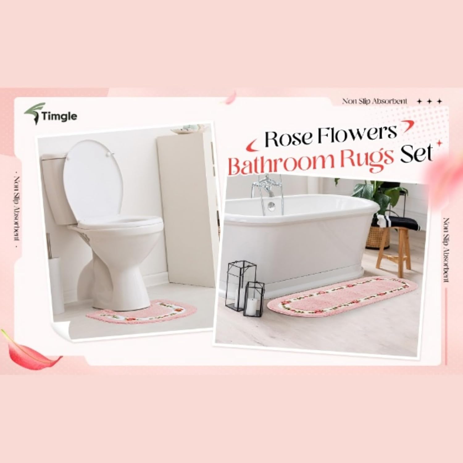 4 Pcs Rose Flowers Bathroom Rugs Set Coquette Bathroom Decor Floral Mats for Bedroom Living Room, Floral Bath Mat Non Skid Romantic Rose Flower Area Rugs (Pink)