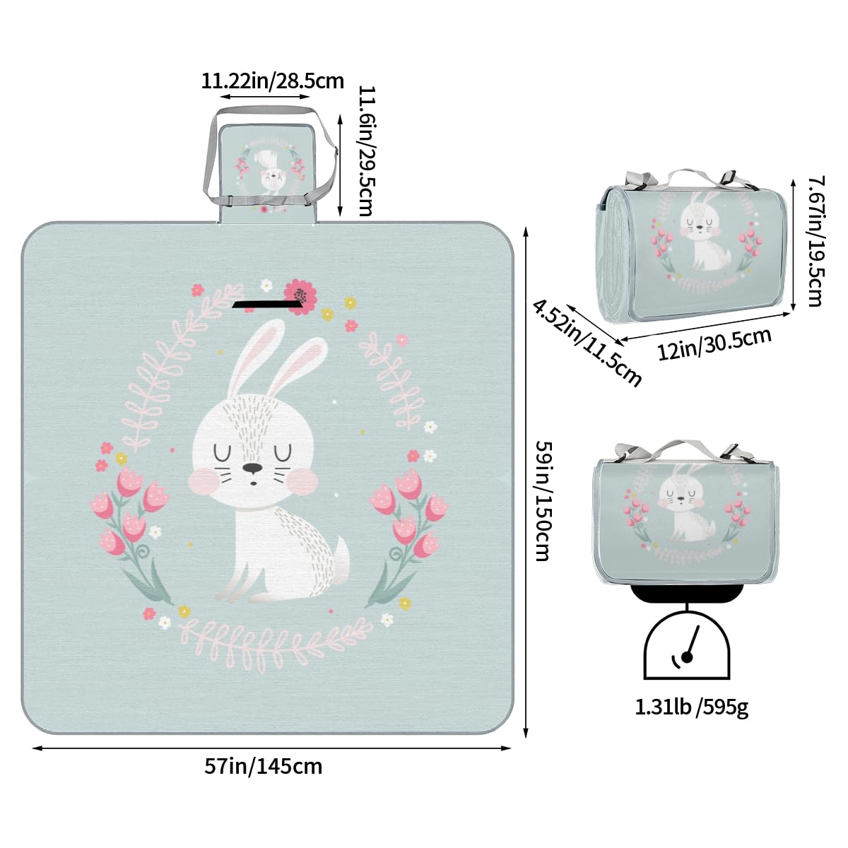 Shimoshe Picnic Blankets 57”x 59”, Flower Bunny Waterproof Sandproof Picnic Mat Lightweight Foldable Beach Blanket for Camping Park Grass Beach Outdoor Blanket