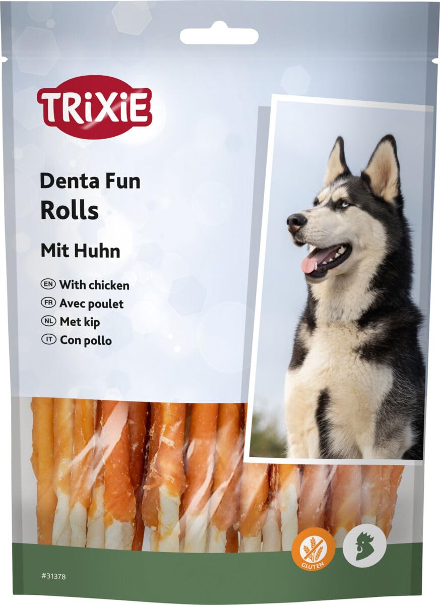 TRIXIE Denta Fun Rolls Pollo | Confezione doppia | 2 x 240 g | Alimento complementare per cani | 30 pezzi da 12 cm | Attività di masticazione e cura dentale | Ricetta senza glutine