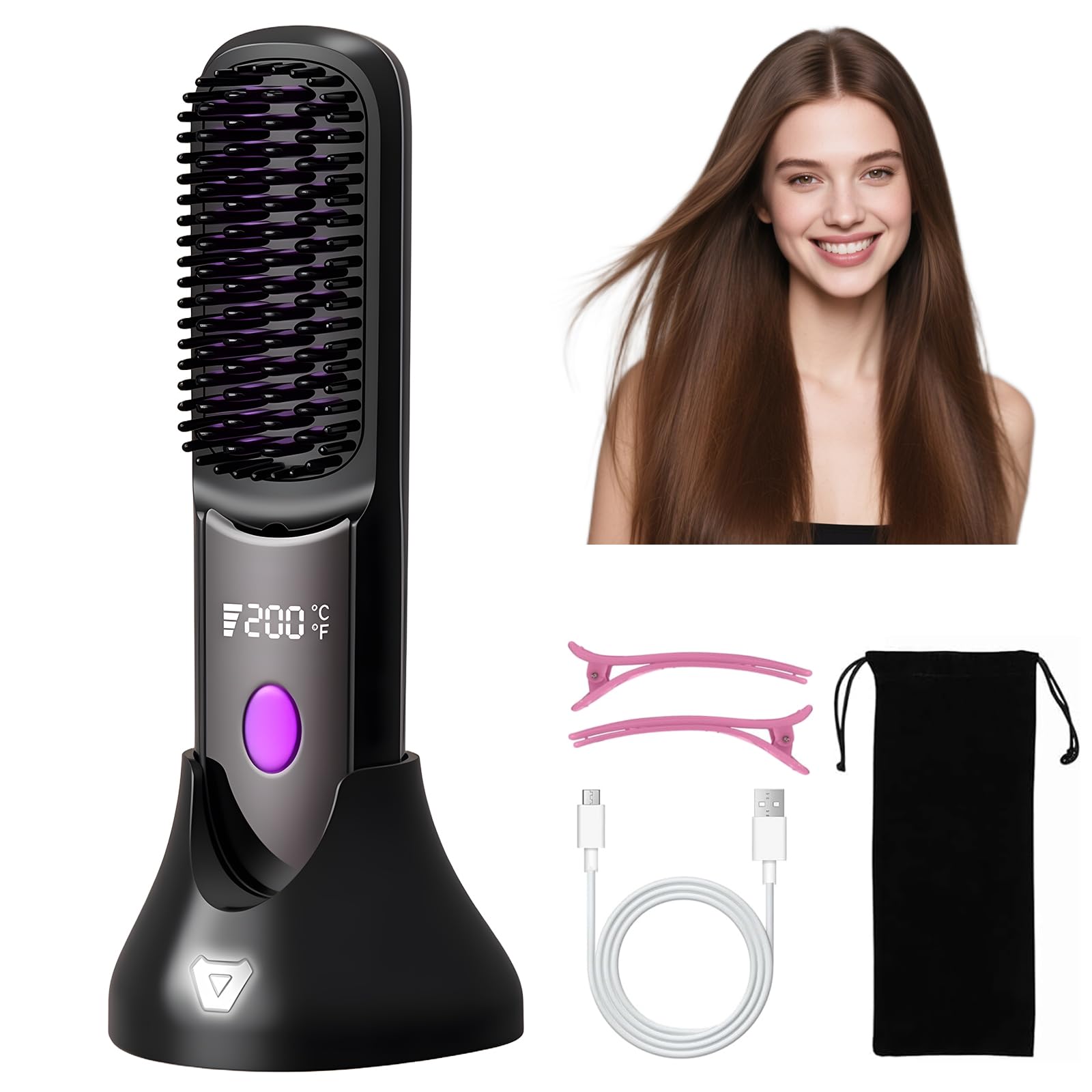 Cordless Hair Straightener Brush, Hair Straightening Brush, Mini Hair Straightener, with 3 Temperature, LED Display, Charge Base, 5200mAh, Fast Heating, Gift for Women, for All Hair Types