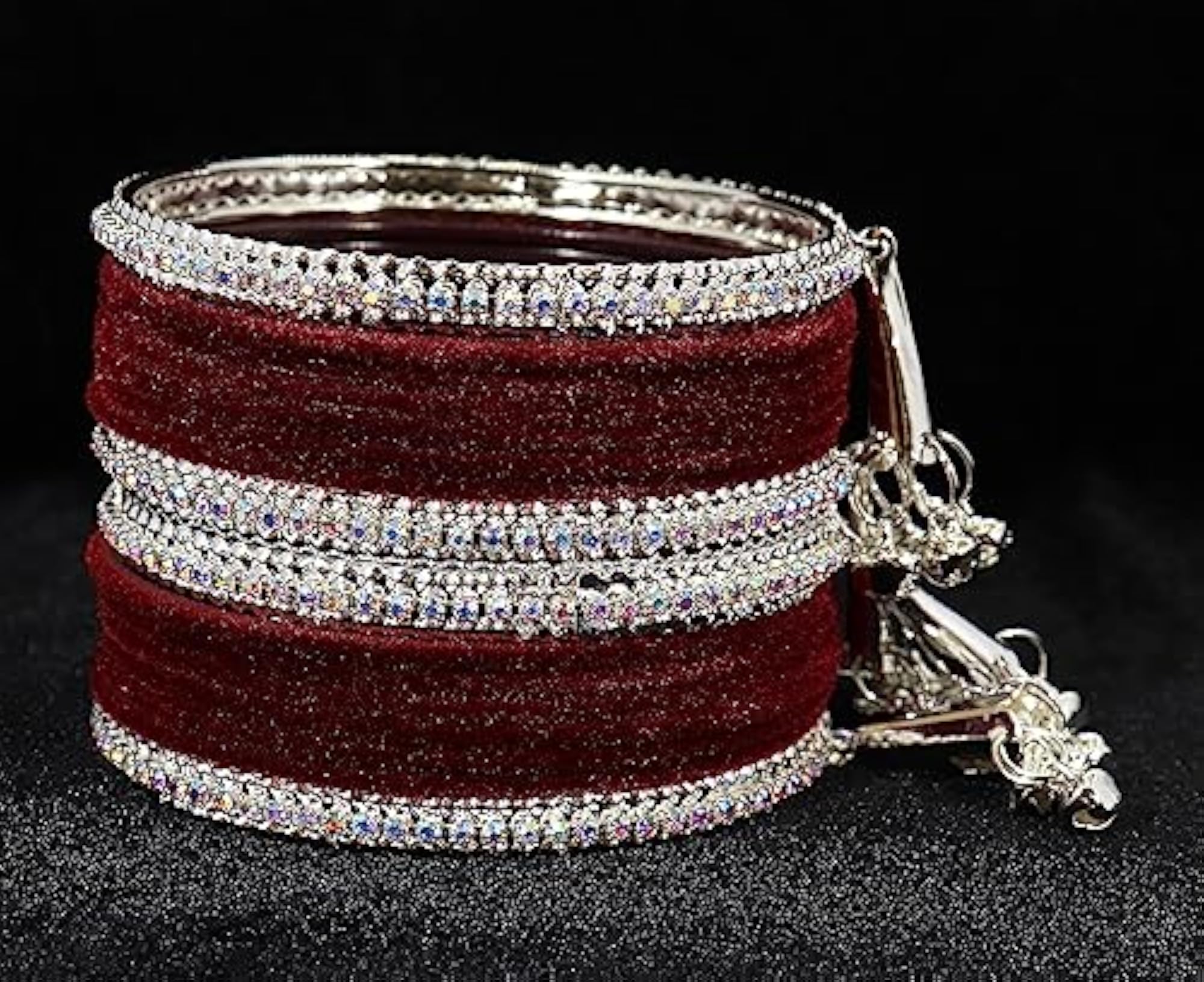 Zircon Gemstone Velvet Bangles Set With Studded Bells - 2.4 Inches