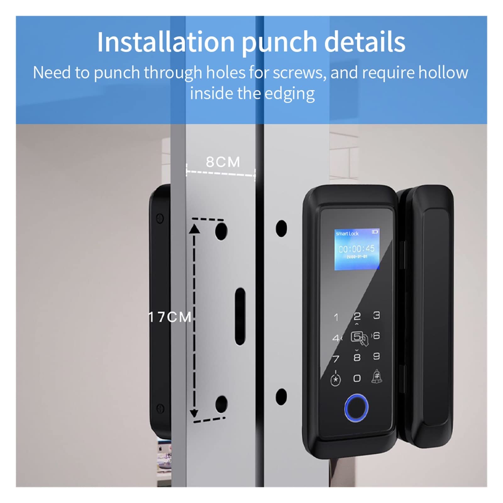 Cerradura inteligente for puerta de cristal con Bluetooth y huella dactilar, doble gancho, desbloqueo, tarjeta M1 contraseña,Seguridad mejorada(Double framed)