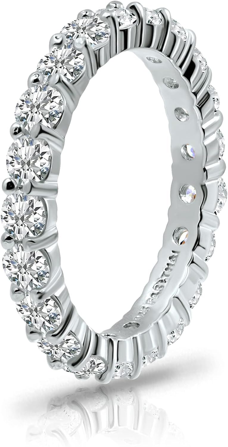 Hoops & Loops 925 Sterling Silver Cubic Zirconia 3mm Round-Cut Wedding Band Rings For Women, Anniversary Eternity Stackable Engagement Ring - Image 6