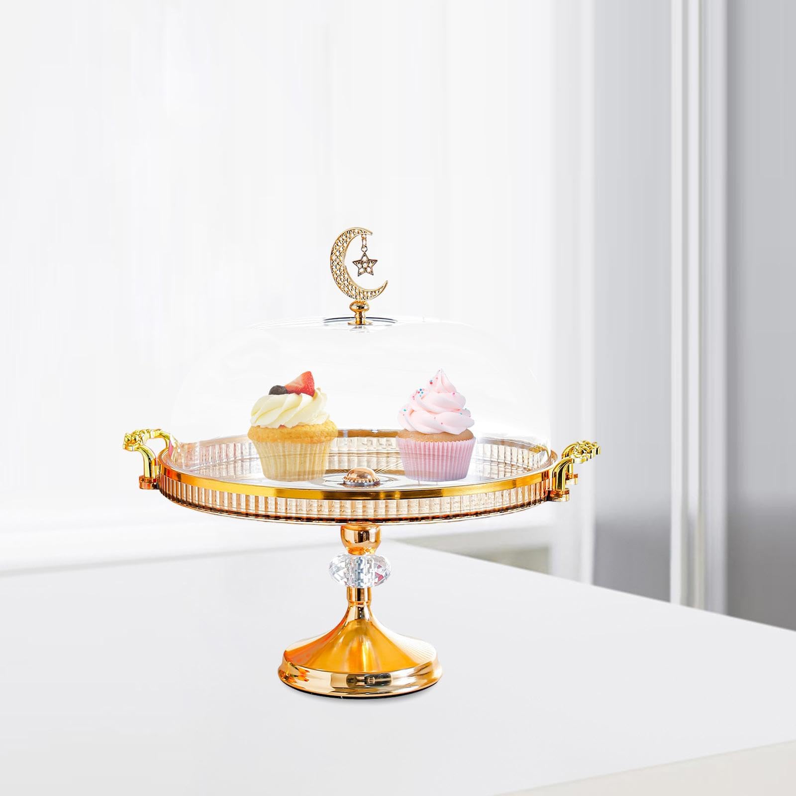 Présentoir à Gâteau avec Cloche Plateau à Dessert Plat de Service Support à Pâtisserie En PP Résistant Poignée Décorative Or et Fleurs Couvercle Hermé, Ambre