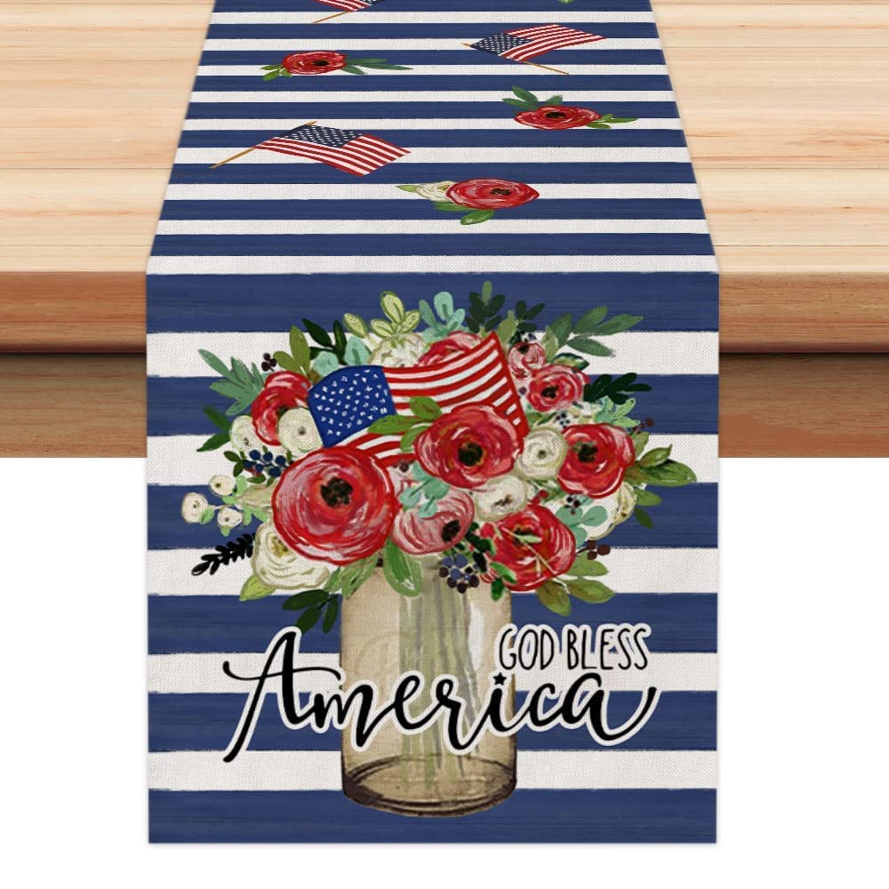 ARKENY4th of July Patriotic Table Runner 72 Inches Blue Floral Mason Jar Flag American Independence Day Holiday Home Coffee Table Dining Farmhouse Party Tabletop Decoration AT417-72