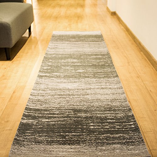 AMIDA Runner Rug for Hallway Washable Non Skid 2.3'x8.9' Grey Charcoal - Contemporary Abstract Stripe - Flat Weave - Non Shedding - Dog Friendly Easy Care - 9 Kitchen Runner Indoor Floor