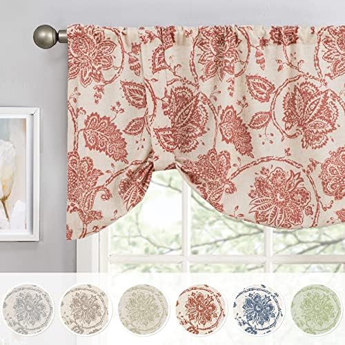 jinchan Linen Valance Farmhouse Valance Curtain 18 Inch Tie Up Shade Scroll Paisley Country Valance for Kitchen Living Room Bow Tie Valance Floral Pull Cord Window Treatment 1 Panel Terra on Beige