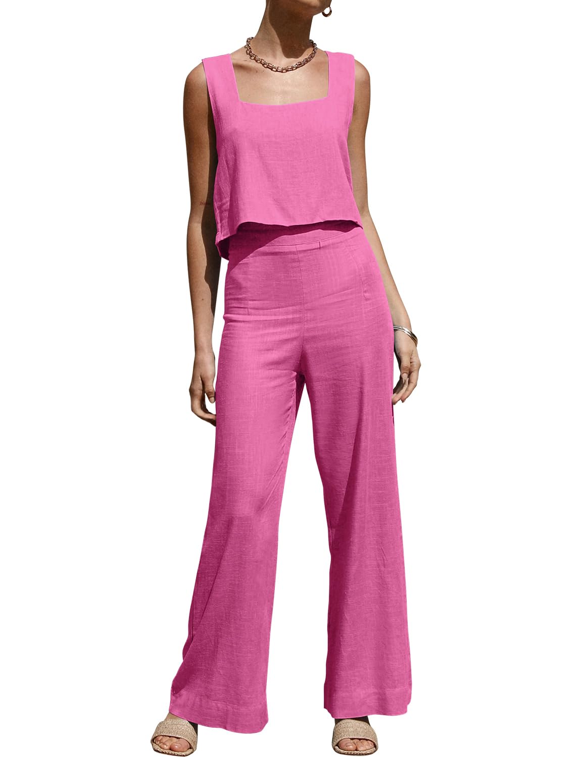 roylamp women's summer 2 piece outfits sleeveless square neck tops wide leg pants set jumpsuit with pockets