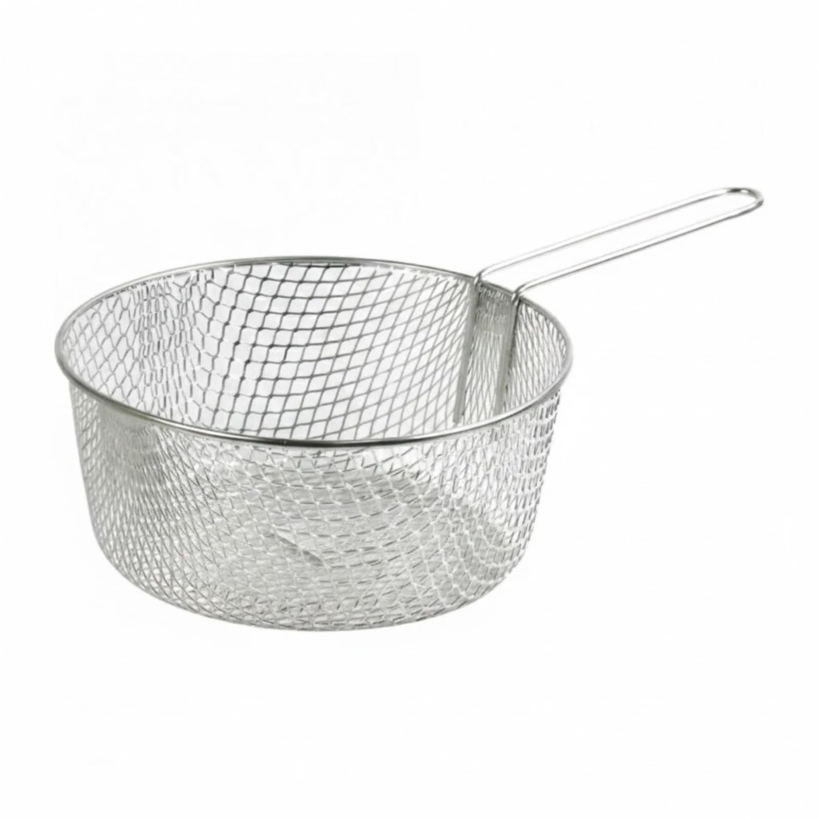 PEBBLE HUG Long Handle Metal Chip Deep Frying Basket, Stainless Steel Fry Basket for Chips & Snacks, Heavy Duty Mesh Oil Strainer Basket for Home & Commercial Kitchen, Long Lasting, (9 Inch)