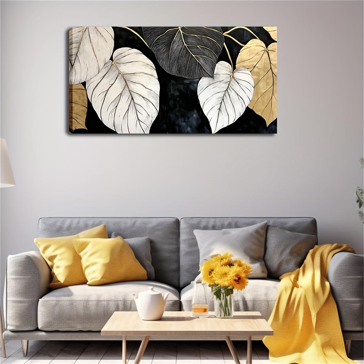 SPXLUCAU Large Abstract Watercolor Canvas Wall Art, Black Background with Heart-Shaped Leaves, for Living Room(45x90cm/No frame)