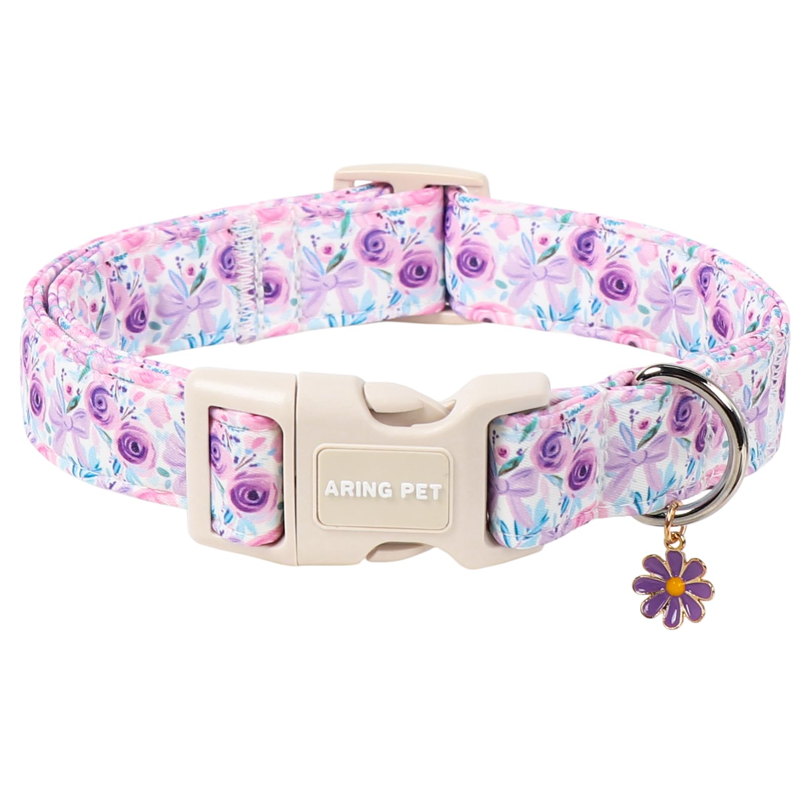 ARING PET Girl Dog Collar, Cute Spring Summer Purple Rose Floral Bow Pet Collars for Puppy Small Medium Large Female Dogs, for Daily Outdoor Walking Training-S ā image 1