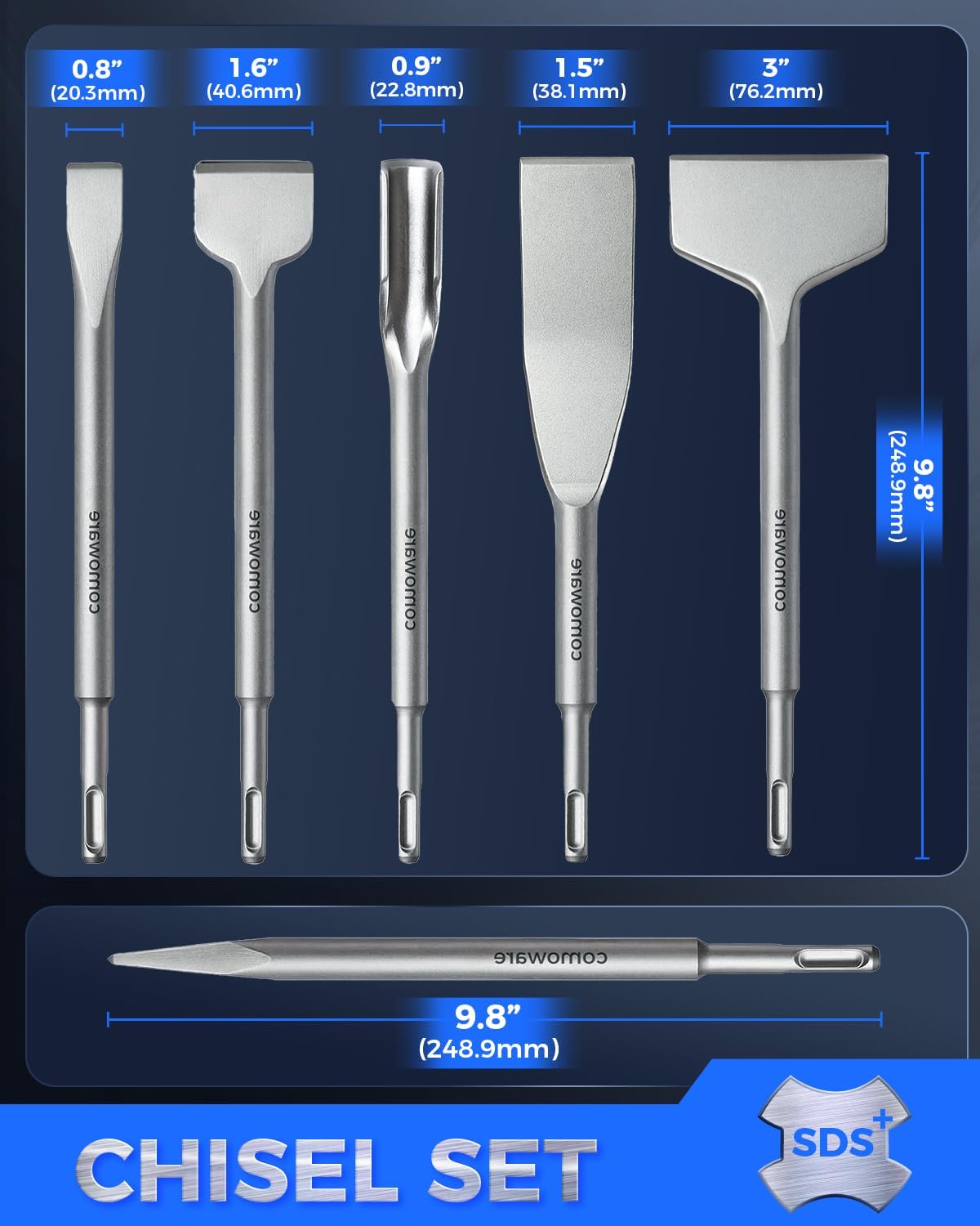 COMOWARE Chisel Set with SDS Plus Shanks, 6Pcs SDS Plus Chisels include Tile Grooving Scraping Flat Point Scaling Chisels 40Cr Steel Rotary Hammer Drill Bits Kit for Home Improvement