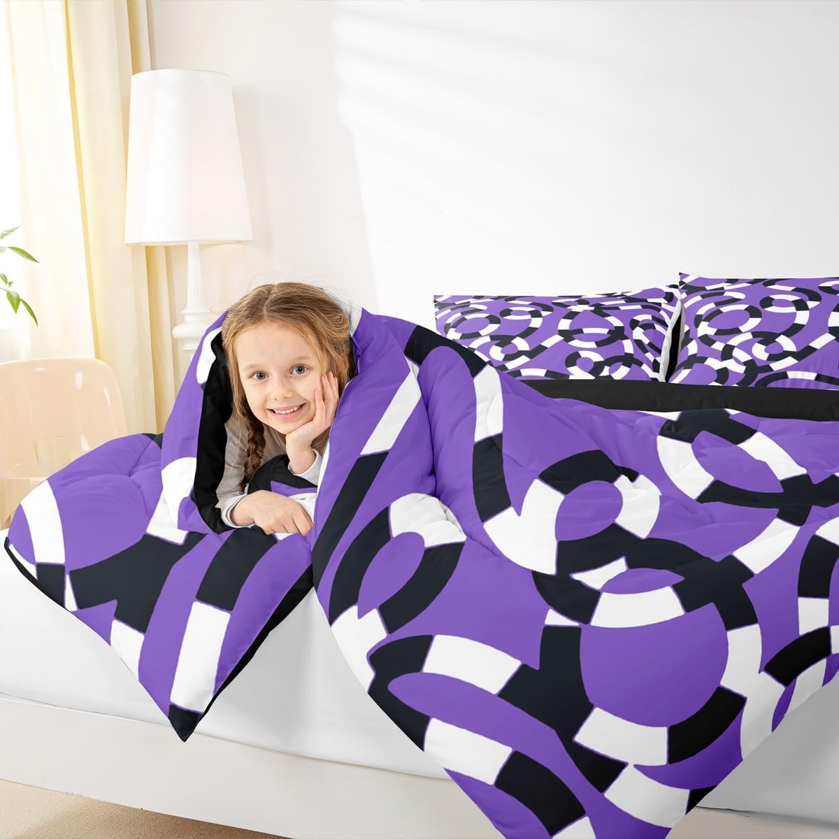 Black and White Stripe Comforter Set Queen Size,Modern Art Bedding Set 3Pcs for Kids Teens Adults Room Decor,Abstract Serpentine Duvet Insert Purplr Fashion Quilted Duvet Sets,2 Pillowcases
