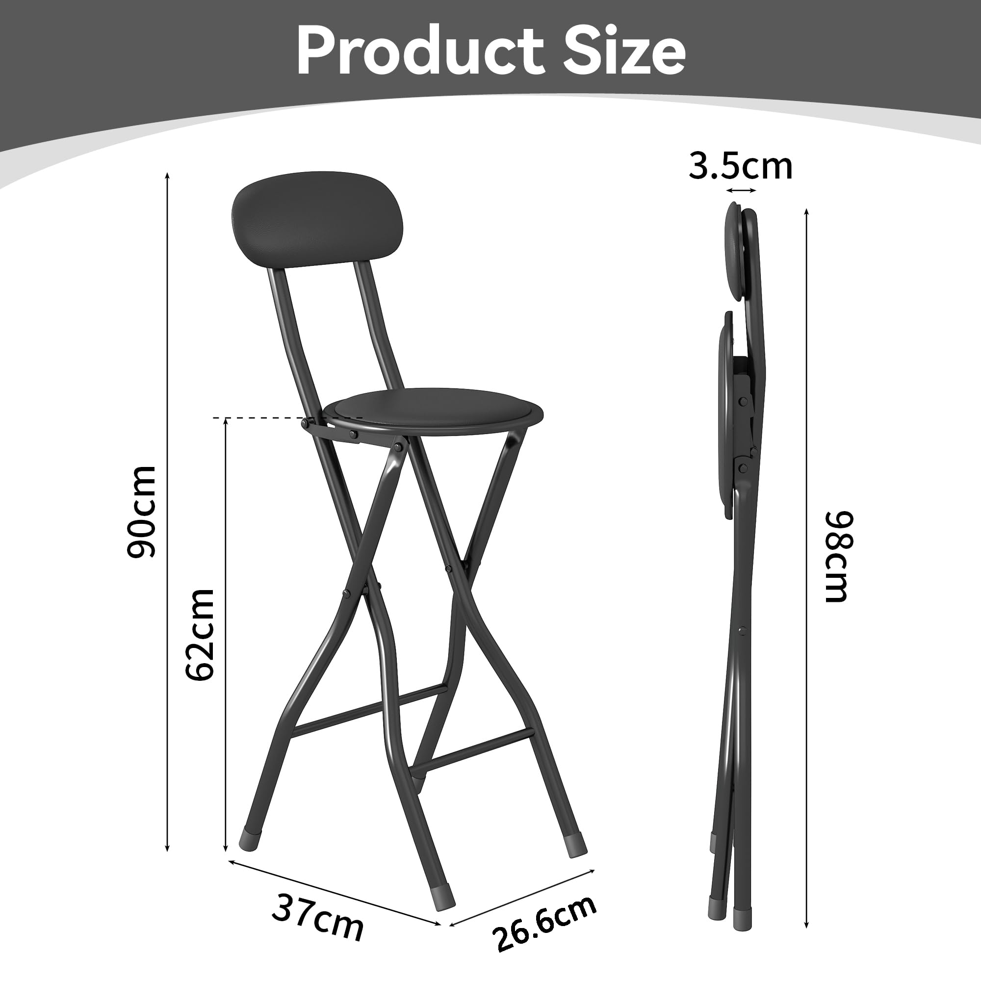mcc direct Klappbare Barhocker, 4er-Set, für Frühstückstheke, Küche und Restaurant, klappbare Stühle aus Kunstleder mit Metallgestell, gepolsterte hohe Stühle (Schwarz)