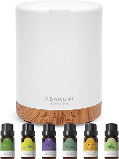 ASAKUKI Diffusers 300ml with 6 * 10ml Essential Oils Set, Aromatherapy Ultrasonic Cool Mist Essential Oil Diffuser with 7 Color Lights, Auto Shut-Off for Home Bedroom Office